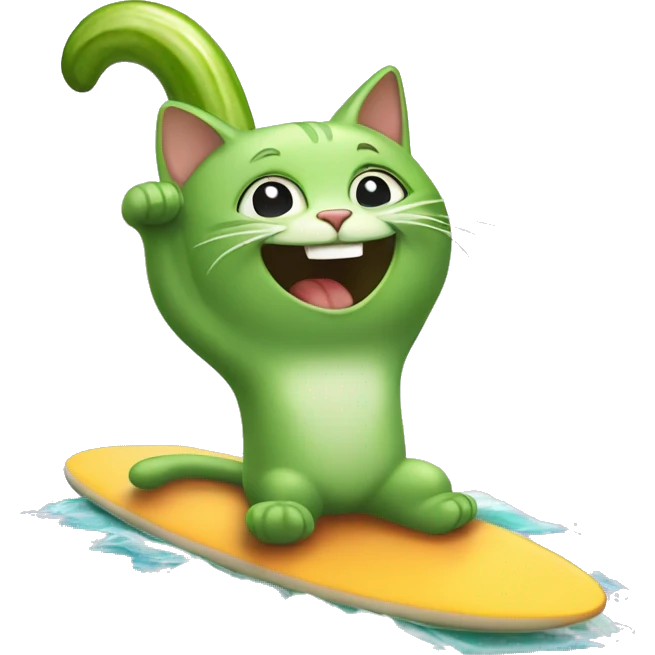 Cat on a surfboard eating a laughing cucumber emoji