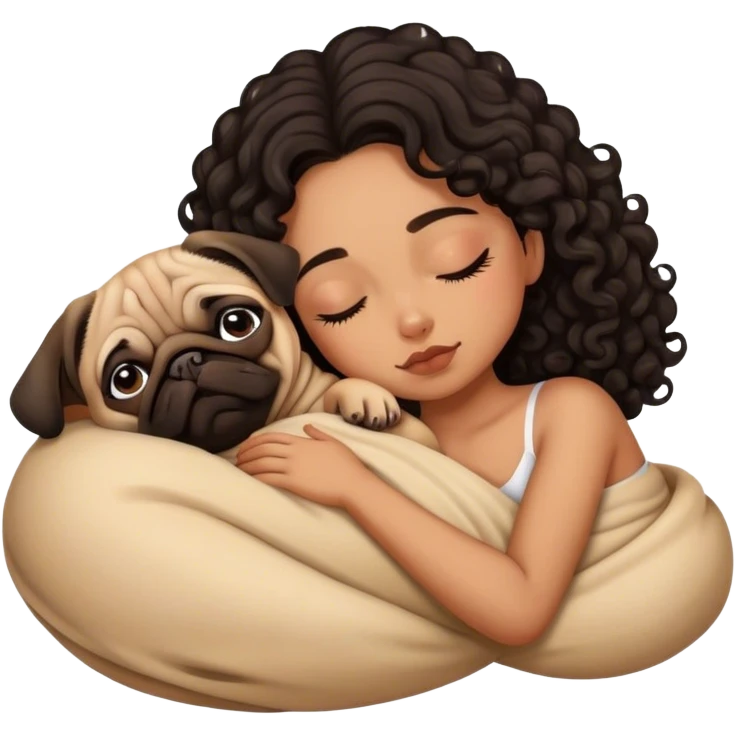 Tan skin girl dark curls sleeping with pug emoji