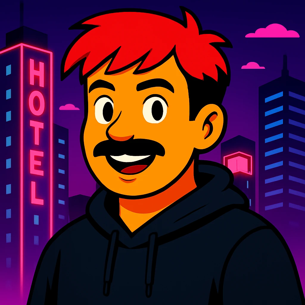 Make the face slightly less round, reduce the mustache a bit, and add a black hoodie. Keep the vibrant toon style, neon city background, and all original colors and lighting. emoji