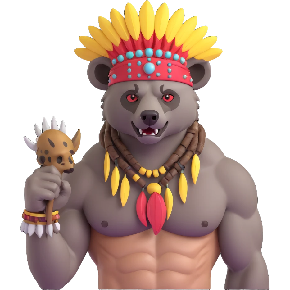 A native strong buff hyena with war bonnet flexing posing full body holding a chopped off human head by the hair  emoji