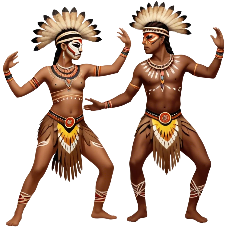 Cinematic Realistic scene of two indigenous dancers performing an Aboriginal Corroboree, adorned in intricate traditional body paint and ceremonial attire, captured in fluid motion with earthy tones and vibrant, cultural lighting emoji