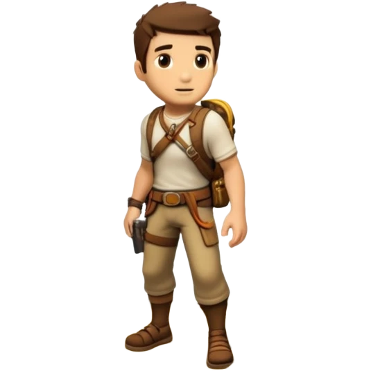 an adventure game, inspired by Uncharted-2. The design features a rugged explorer navigating through ancient ruins, with treasure and obstacles in the background. A dynamic environment with jungle, cliffs, and puzzles highlights the thrill of discovery and action. Transparent background. emoji