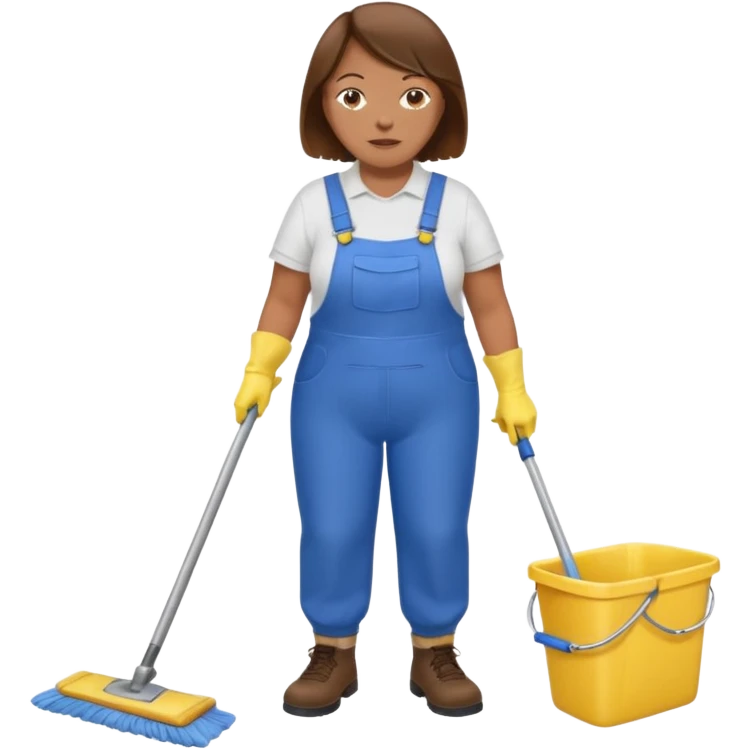 old and fat women, brown hair, Custodian with yellow rubber gloves, white T-shirt, blue overalls, mopping floor emoji