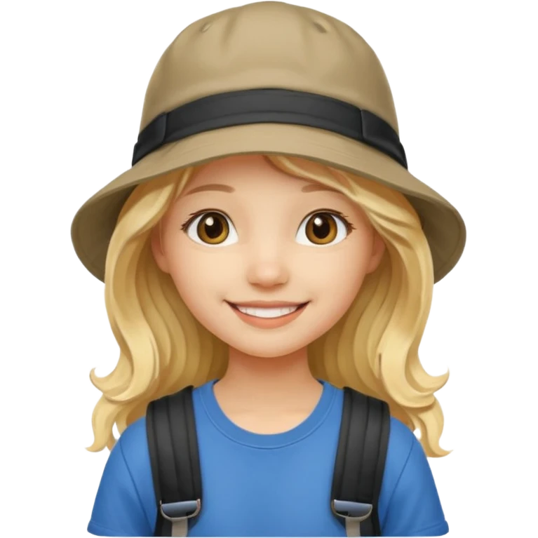a young student girl with the backpack with bucket hat, blonde wavy long hair emoji