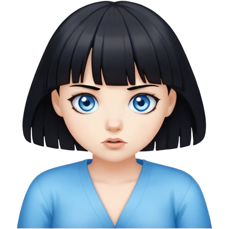 Girl with blue eyes and black hair with bangs shrugging emoji