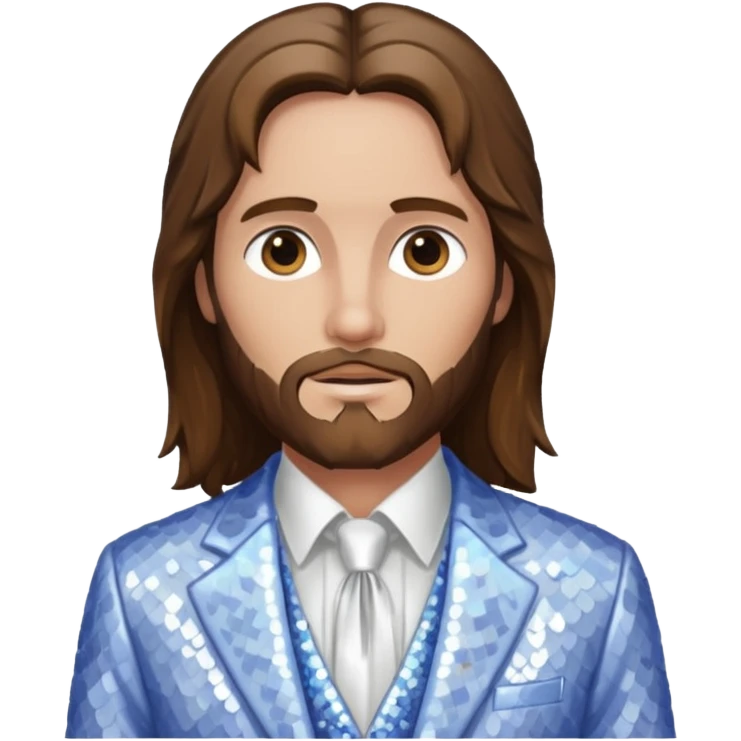 Jesus Christ from Christian Mythology with long brown hair, white sequin suit jacket, periwinkle shirt with white tie emoji