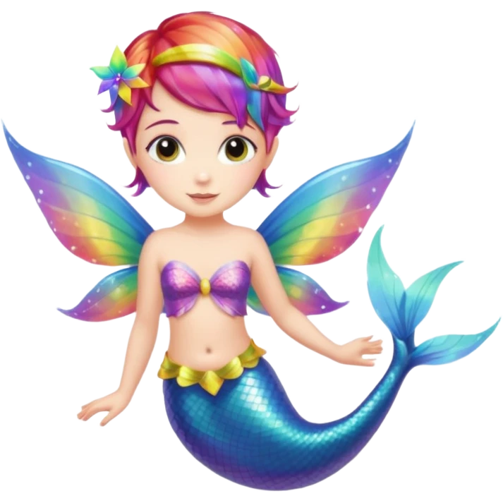 Fairy with mermaid tail and rainbow wings fair faced pixie hair emoji