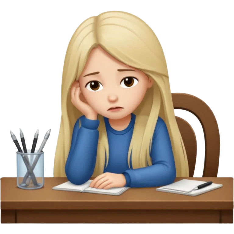 Девушка со светлыми длинными волосами грустная сидит за столом и усердно работает emoji