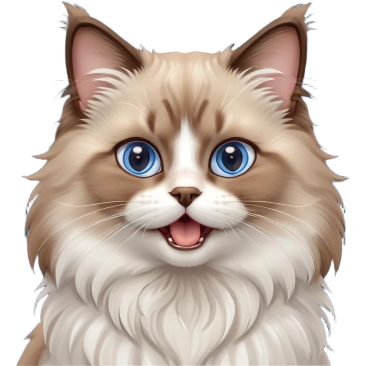 cinematic-adorable-big-eyed-fluffy-brown ragdoll-cat-portrait-emoji,-head-tilted-playfully-with-a-cute,-yawn,-soft-brown-and white-colored-fur-with-darker-points-on-the-ears,-simplified-yet-irresistibly-cute-features, sparkling blue eyes emoji