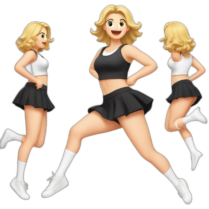 full-body-caucasian-curvy-beauty-jumping-short-black-skirt-back-and-front-views-strong-wind-white-knickers-long-white-socks emoji