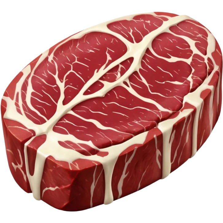 beef chuck steak, raw, irregular oval shape, deep red meat, creamy white fat streaks, visible marbling, slight connective tissue lines, fresh, moist, thick, no plate, knife, or garnish, soft lighting, emoji scale emoji