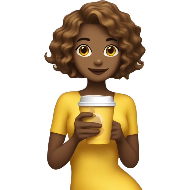 mermaid with a short bob haircut, hair color brown, holding a cup of coffee in a yellow package emoji