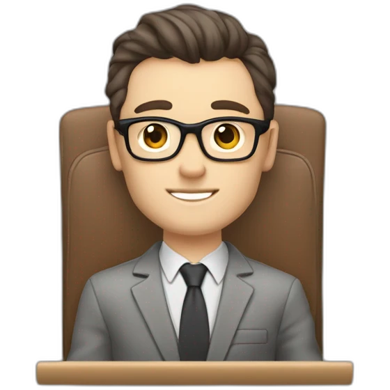 Pale skinned Fit Man With dark brown hair in gray jacket, beige office shirt, Brown pants and vintage glasses sitting In a soft chair with a notebook on spring with emblem Ψ and a pen emoji