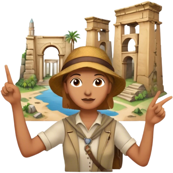 Icon for Documentary Film (TV style): A traveler pointing backward and narrating in front of ancient ruins. Include elements like historical landmarks, maps, and exploration tools to evoke a sense of adventure. Transparent background. emoji
