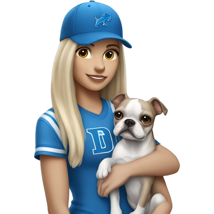 A blonde haired girl shoulder langth wearing a Detroit Lions hat and holding in her arms a gray and white Boston terrier emoji