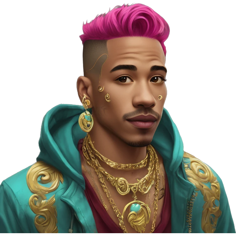 Vintage patina intricate swirls gold jewellery baroque golden raven tropical Deep pink maroon burgundy cyan dark hoodie man vitiligo dyed hair gold piercings nose piercing ear piercings emoji