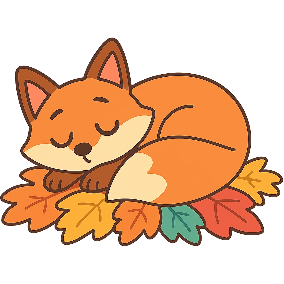 sleepy fox curled up on a pile of autumn leaves, pastel-toon style emoji