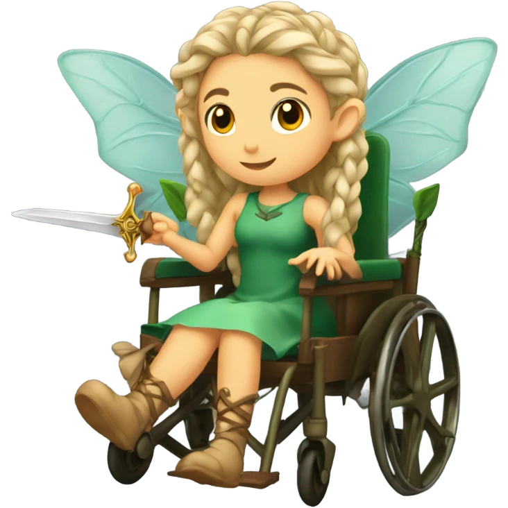 Female, forest fairy, fairy wings, pointed elf ears, box braid hair, vines, holding medieval sword, sitting in wheelchair emoji