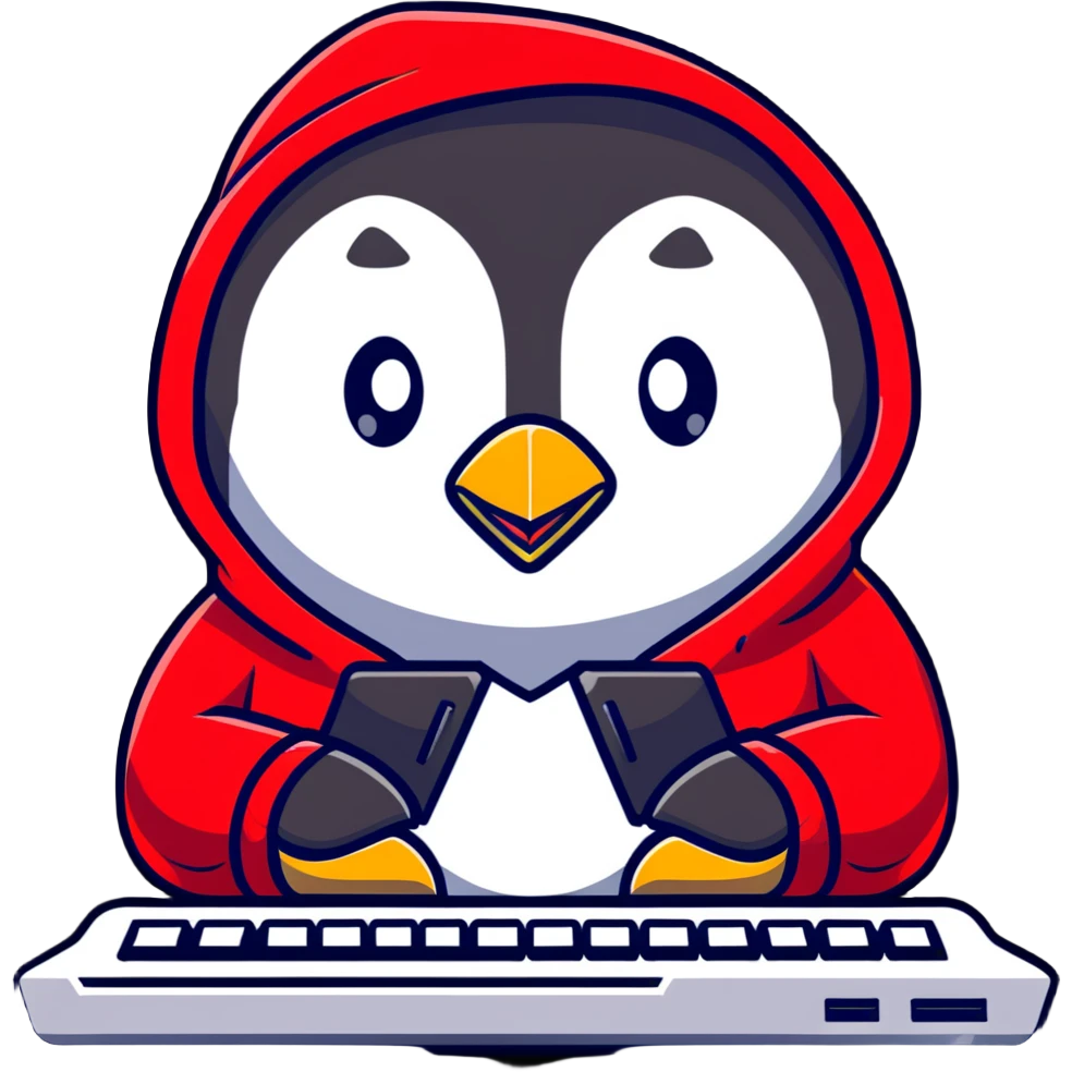 A penguin wearing a red hoodie looking focused while typing on a mechanical keyboard emoji