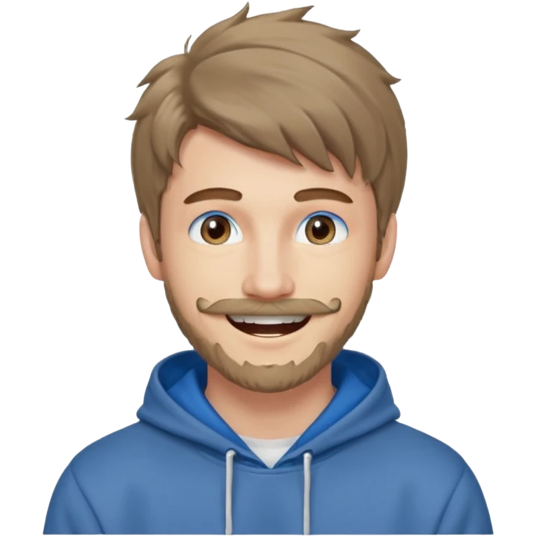 20 year old man, short scruffy beard and thin moustache, brown puffy mullet, blue eyes, big smile, white teeth, big lips, pronounced jaw, hair longer in back, sticking up on top, thin face, grey hooded sweatshirt, pale skin, big smile, blue eyes, puffy hair that is long in back emoji