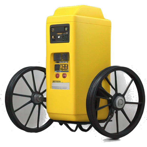 Large Champion generator 9000 ,yellow with black cage and has 2 wheels and 2 legs emoji