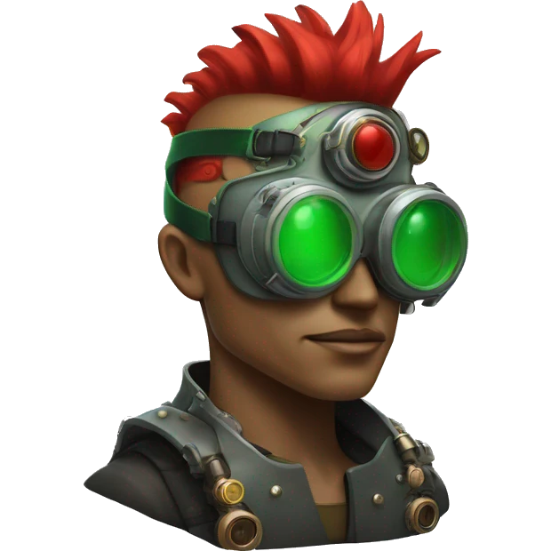 Male cyborg with thin red Mohawk and green steampunk goggles emoji