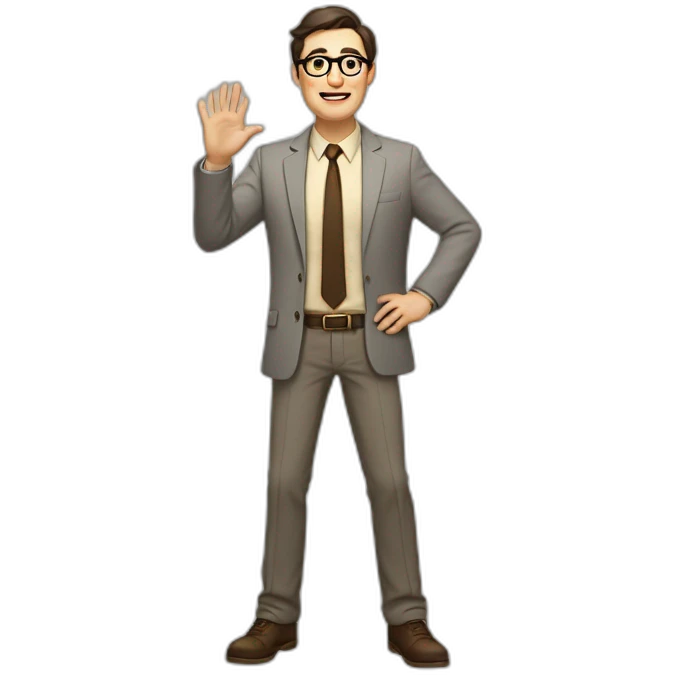 Full height Actively gesturing with hands Pale skinned fit man with dark brown hair in gray jacket, beige office shirt, brown tie, brown pants and vintage glasses. emoji