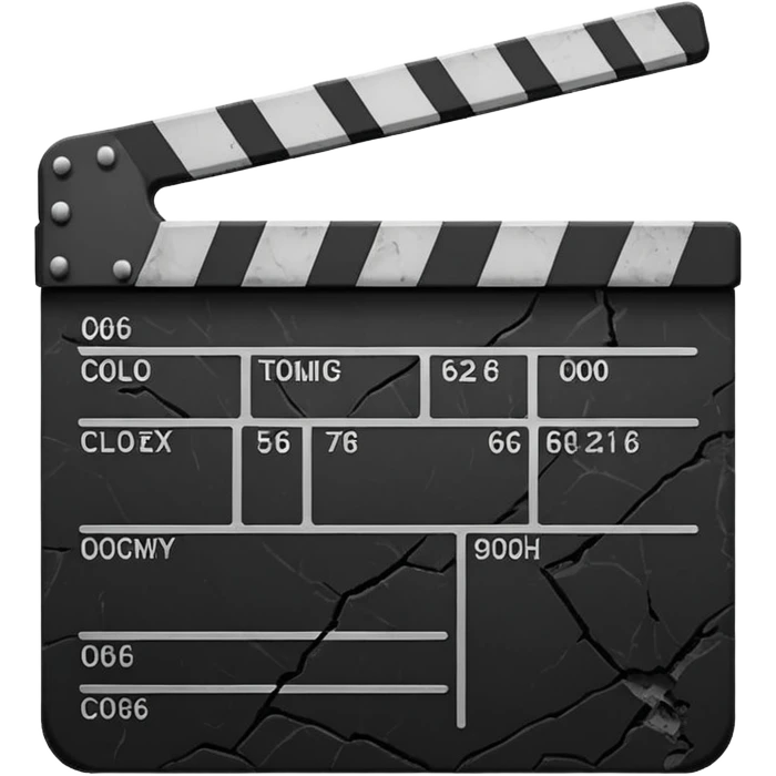 Minimalist emoji-style sticker of a cracked movie clapperboard with the date “06/06/66”, faint scorched marks, all in grayscale


 emoji