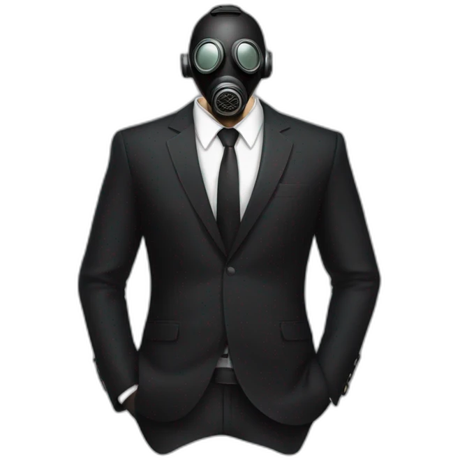 Poker face man, black hair and black gas mask on and black pant suit emoji