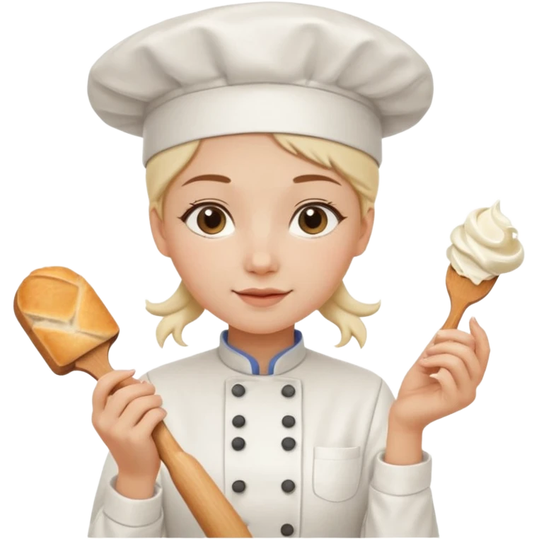 Young female baker - white chef hat, holding cream piping bag to milk oil on bread emoji