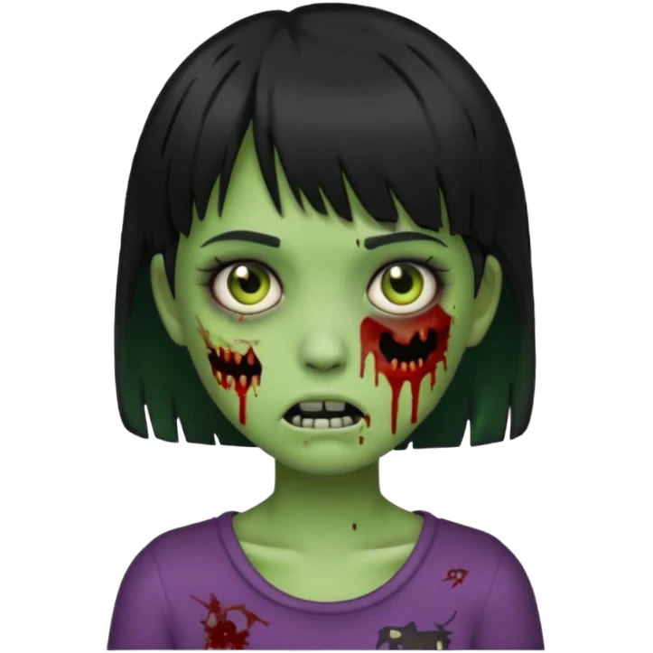 emoji, garota zumbi, estilo iphone, verde, com cabelo curto, preto, com franja, machucados pelo rosto, zumbi, com olhos brancos emoji