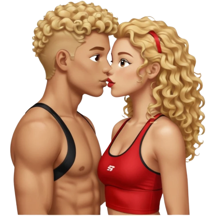 athletic man, high top fade, blonde curly hair only top only, no shirt and Athletic girl with long wavy red hair and black sports bra, Put them together kissing, or holding hands emoji