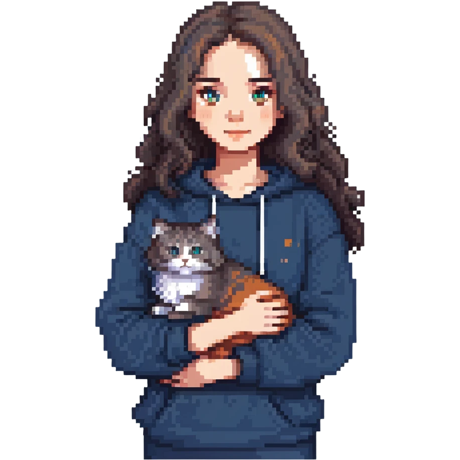 Brunette girl with dark blue sweatshirt lovingly holding a grey Siberian cat, detailed pixel art emoji