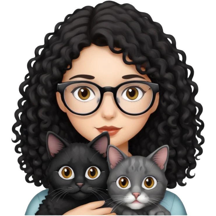 Girl with Brown eyes, black curly long hair, with glasses holding a cat Black and gray emoji