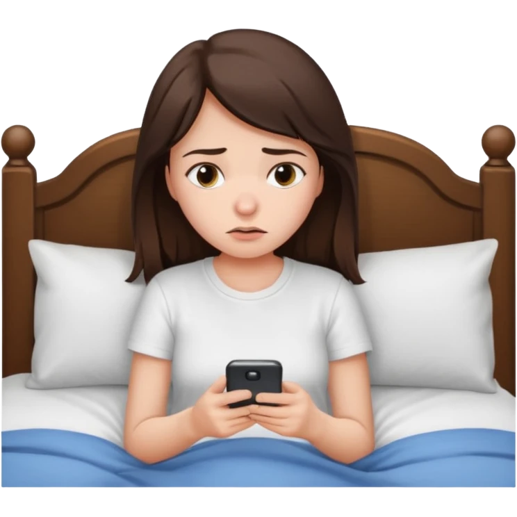 generate a girl brunette using her phone in bed. she looks sad emoji