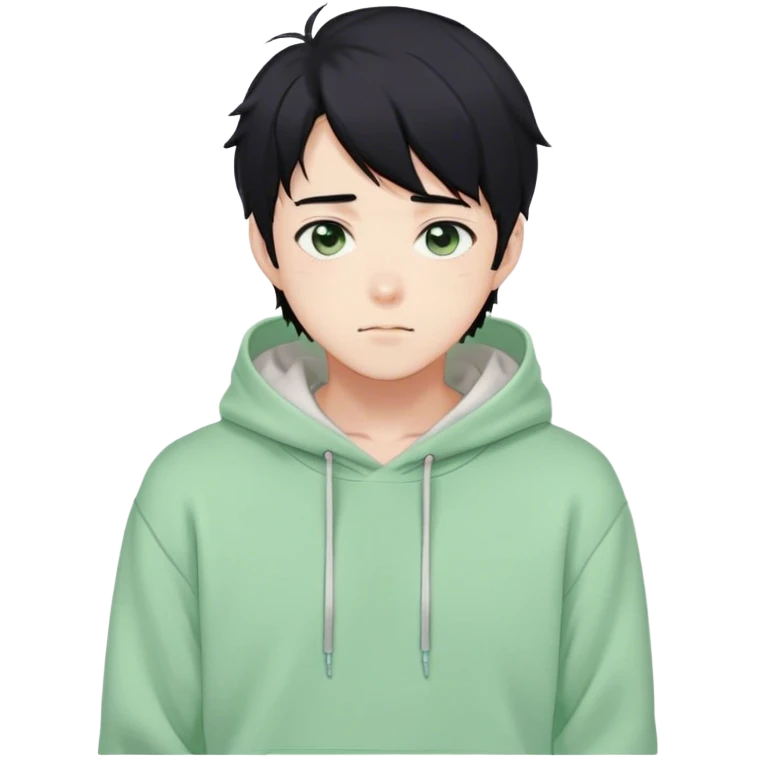 Gorgeous pastel green sweater black hair anime style shojo guy with blushing face and, hoodie, aesthetic, young adult, trending style outside  emoji