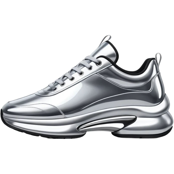 A pair of futuristic sneakers emoji made of silver chrome, sleek streetwear design, smooth metallic panels, subtle reflections, luxury swag aesthetic, iOS emoji style, centered, clean white background emoji