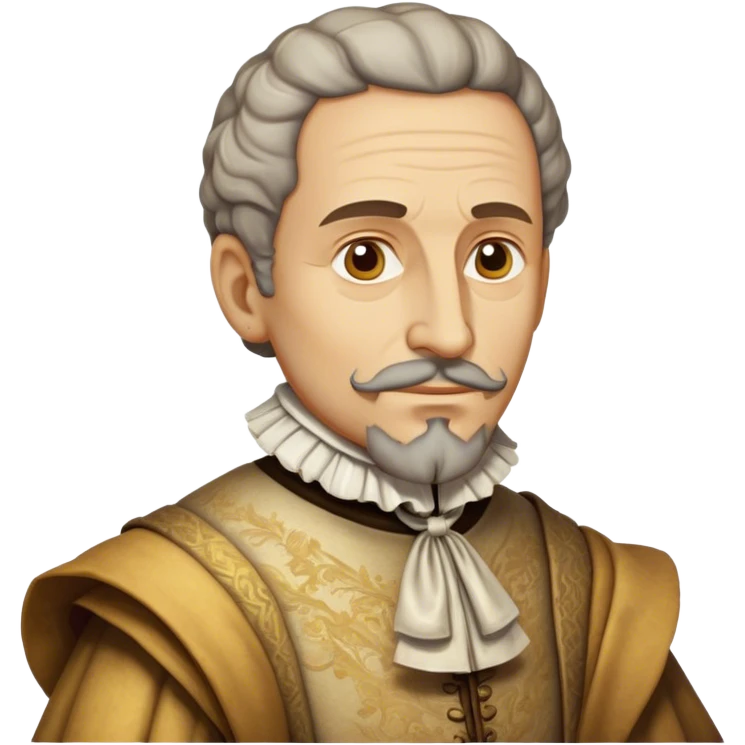 Cinematic Realistic Miguel de Cervantes Portrait Emoji, depicted as a wise thoughtful literary figure in period attire with a reflective gaze, rendered with detailed textures and soft historical lighting that captures his enduring literary legacy. emoji