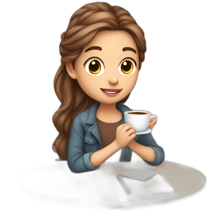 Cute girl full body skin is light and hair are flowing studying and sipping coffee emoji