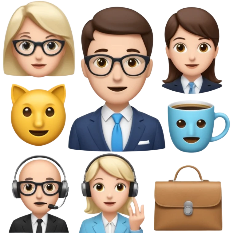 6 icons in a 2×3 grid, soft 3D emoji style, pastel colors, equal spacing, white background:
1) speech bubble
2) theatre masks
3) dynamic stopwatch
4) house + coffee + shopping bag
5) English gentleman
6) female support agent with headset
 emoji