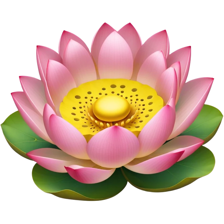 Simple pink lotus flower with accurate yellow seedpod center with distinct holes for seeds, surrounded by pink petals and characteristic notched lotus leaf emoji