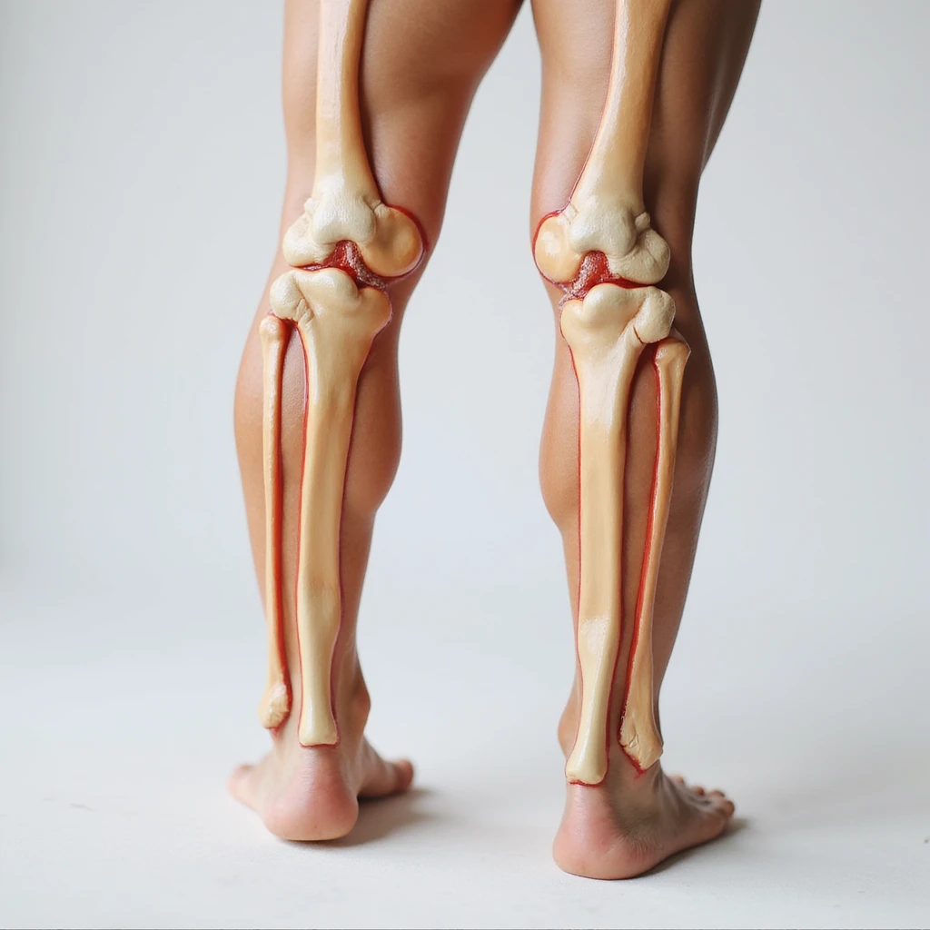 hyperrealistic 4K illustration of valgus knee, lateral view, bones and joint clearly visible, knees touching and ankles apart, white background, very evident valgus deviation, variant 7 with slightly changed leg position emoji