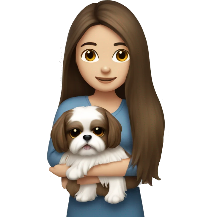 Brunette girl with brown long hair, hugging her Shih tzu white emoji