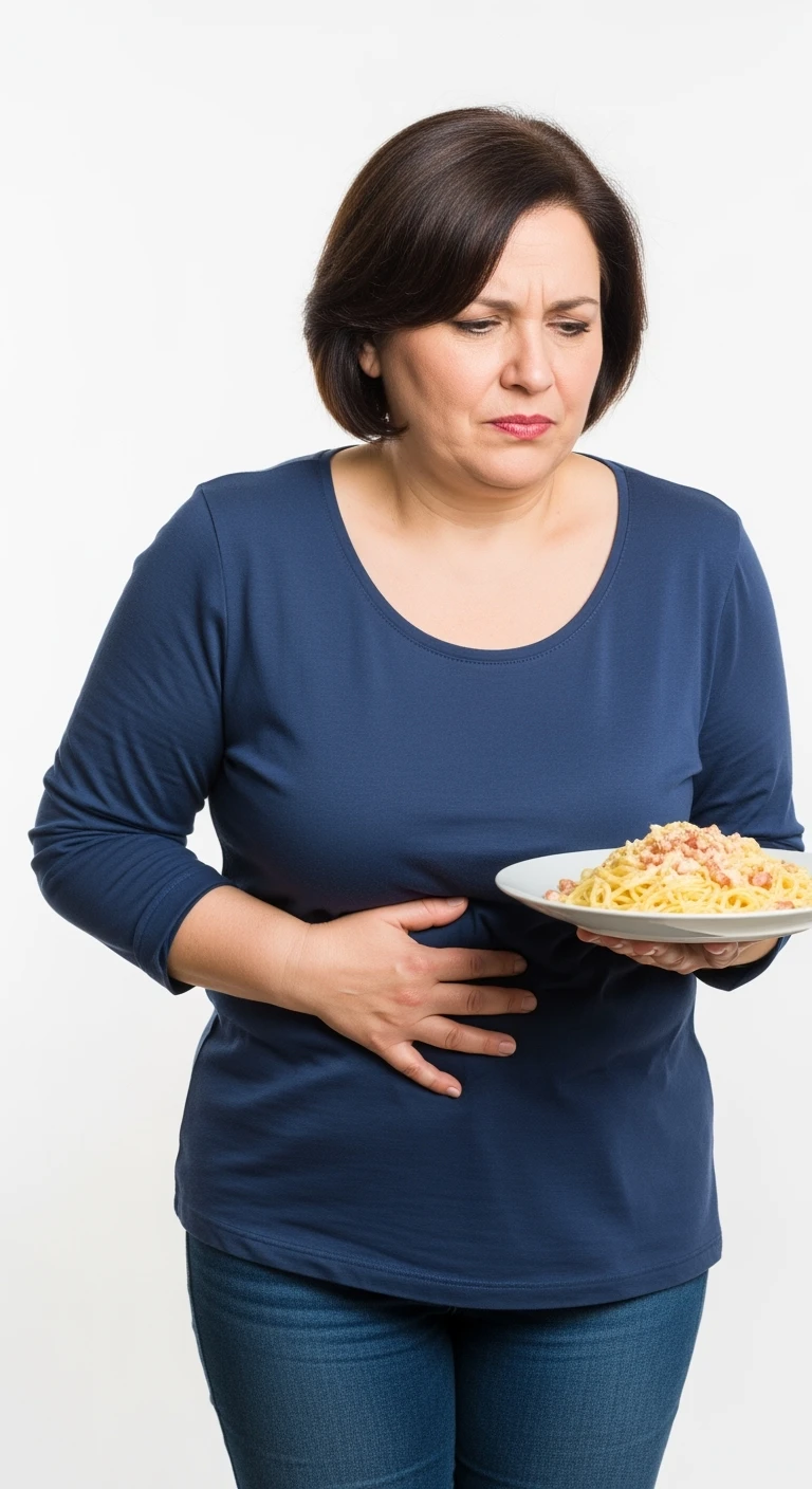 donna con gonfiore addominale e mal di pancia mentre tiene in mano un piatto di pasta, isolata su sfondo bianco emoji
