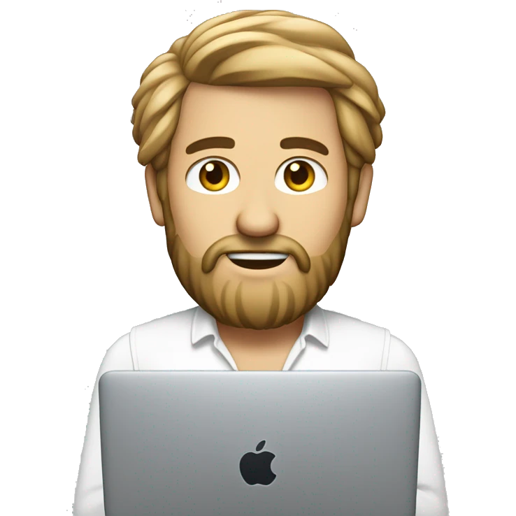 Un homme blanc avec une barbe de taille moyenne et des cheveux court qui travail sur un macbook emoji