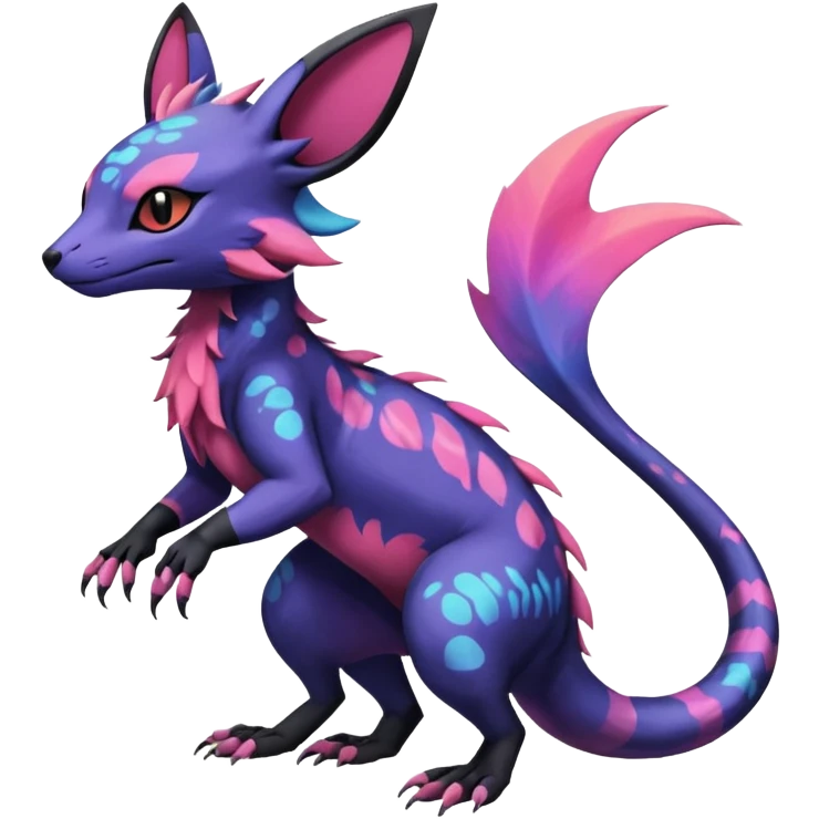 Rare epic aesthetic colorful Salandit-Noibat-Eevee-Genet-species-Fakemon-hybrid-creature, with markings, full body emoji