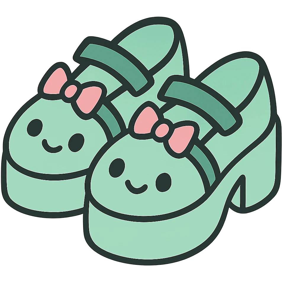 Make the shoes pastel green with black and pink accents, kawaii style, no socks, no hearts, transparent background emoji