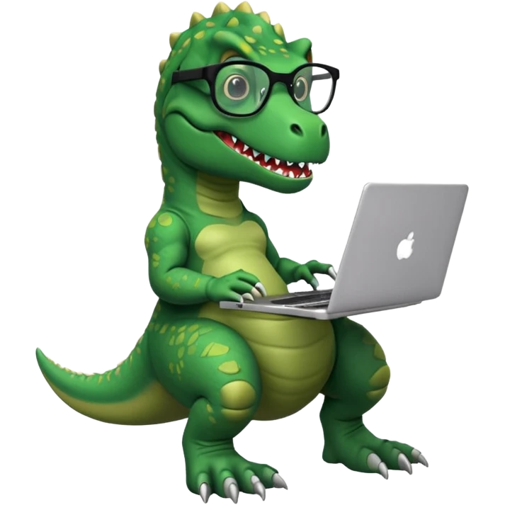 un trex con gafas de informático que este programando en un portátil emoji