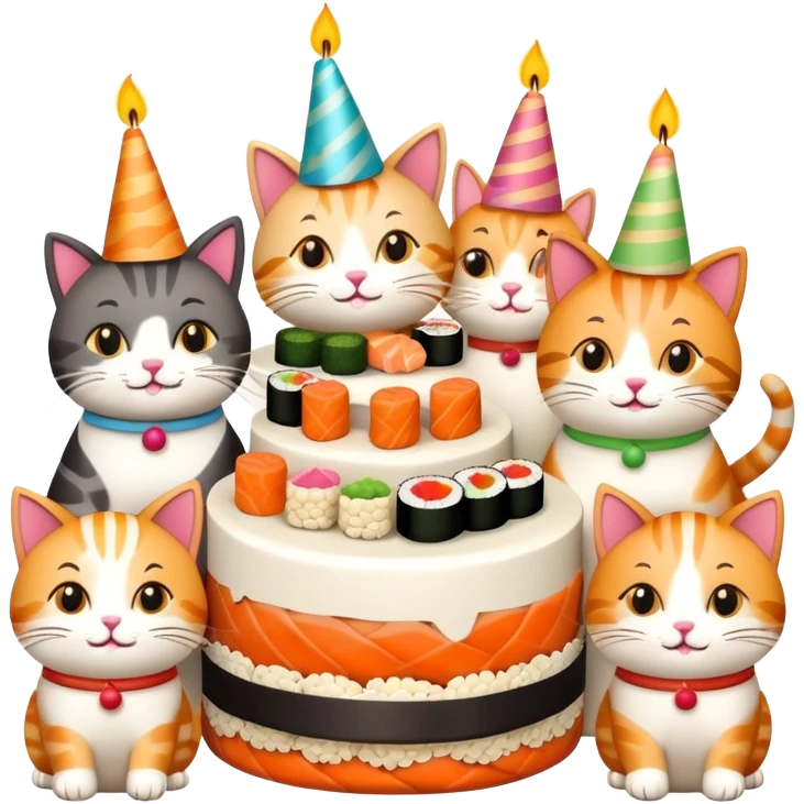 six happy cats wearing party hats celebrating a birthday party around a large cake made entirely of sushi with a candle on top emoji