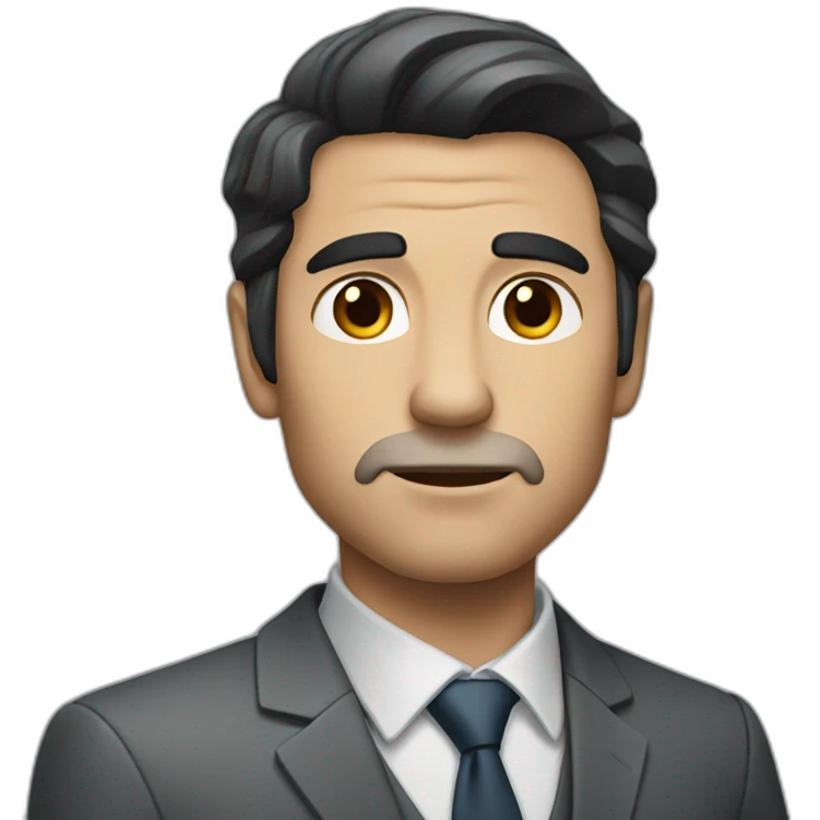 man with dark hair in gray suit pointing serious face emoji